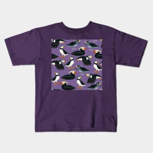 Gouache Purple Puffins Pattern Kids T-Shirt